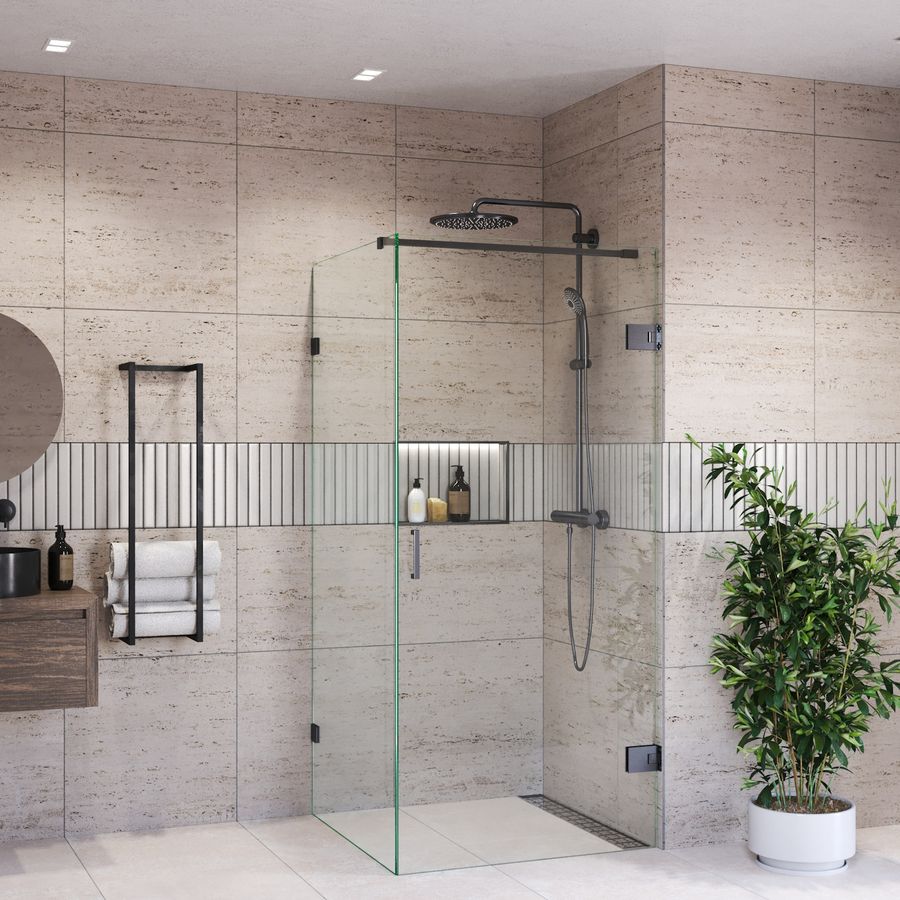 Douchecabine BWS Portos met gunmetal profiel voor de industriele badkamer