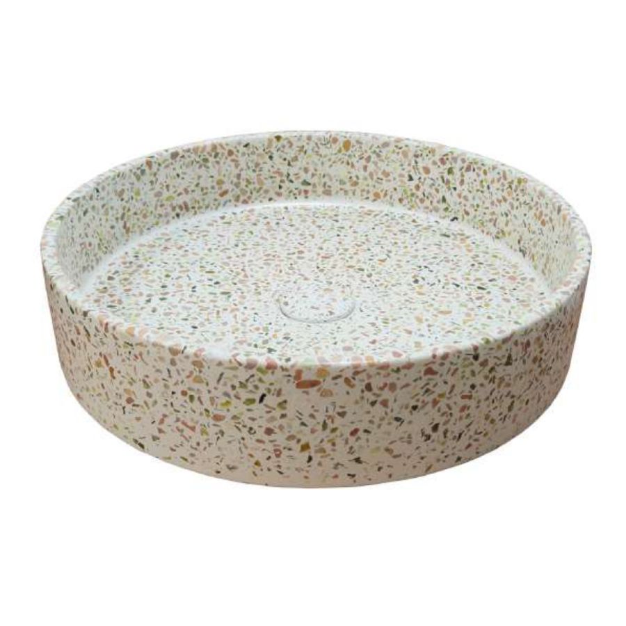 Terrazzo vrijstaande wastafel rond voor de japandi badkamer